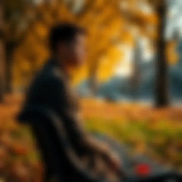 A person sitting on a park bench, looking thoughtful and contemplative, surrounded by autumn leaves, symbolizing the search for joy and purpose after 35.