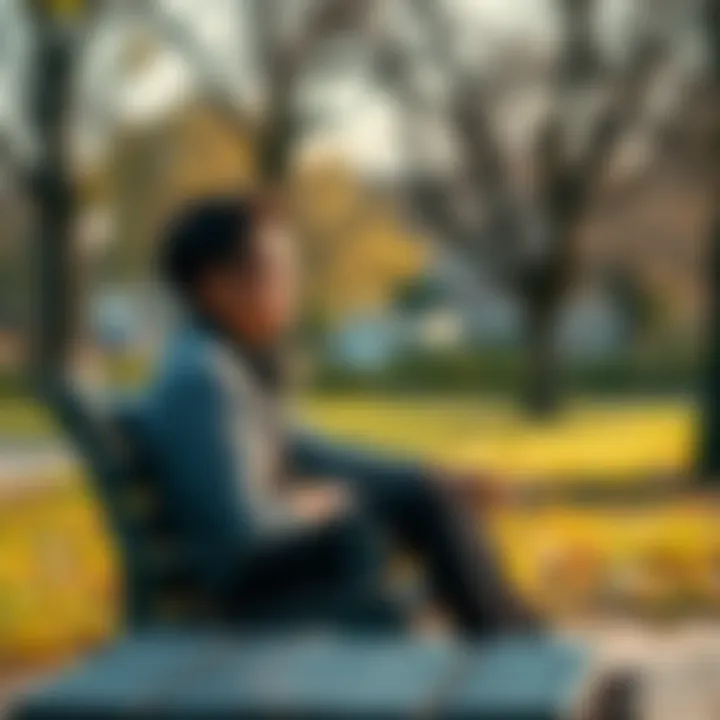 Individual sitting on a park bench, looking thoughtful with a serene expression, surrounded by nature, symbolizing reflection and growth through experiences.