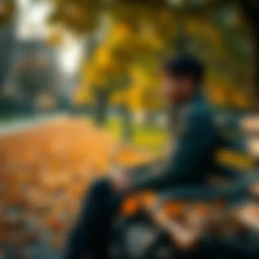Individual sitting on a park bench, looking contemplative and tired, surrounded by fallen leaves symbolizing change and transition.