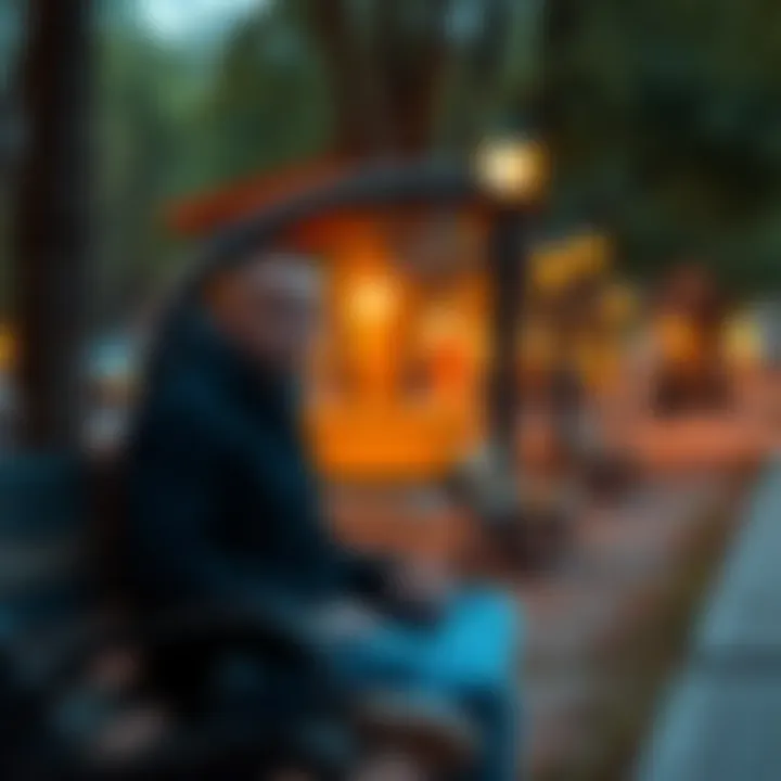 Individual sitting on a park bench, looking contemplative with a distant expression, surrounded by everyday objects like trees and benches, symbolizing altered perception after a near-death experience.