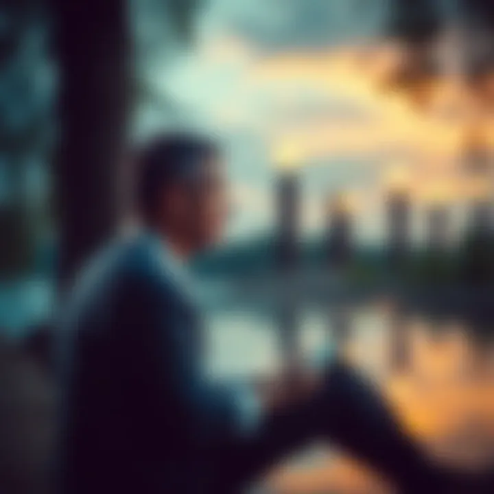 A thoughtful person sitting alone, contemplating life's challenges and purpose after age 35, surrounded by a serene environment.