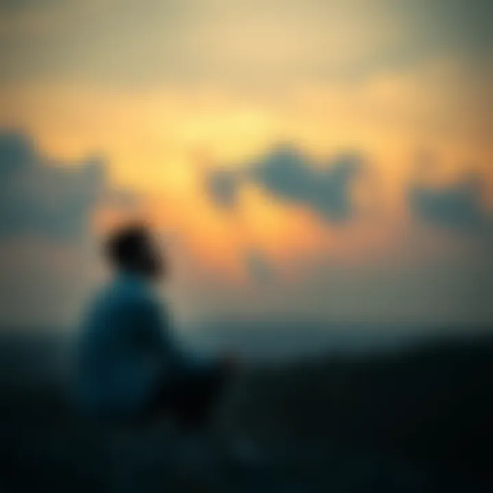 Individual sitting alone, looking thoughtful and weary, with a soft sunset in the background, symbolizing struggle and hope.