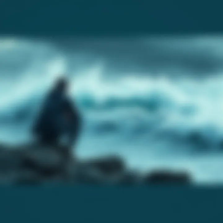 A person sitting on a rocky shore, looking out at turbulent waves, symbolizing the turmoil of life's challenges and the search for meaning.