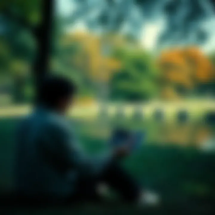Person reflecting on loss A person sitting alone in a serene park, looking thoughtfully at a photograph of a loved one, symbolizing reflection on grief and afterlife beliefs.