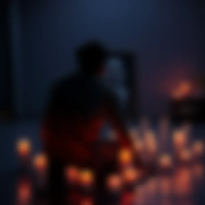 A person sitting alone in a dimly lit room, looking at a photo of their partner, surrounded by candles, expressing deep sadness and longing.