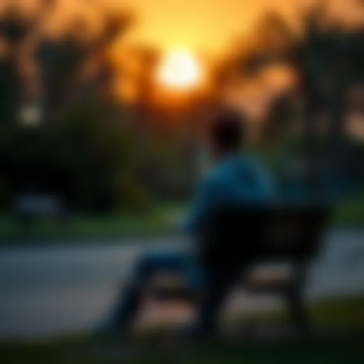 A person sitting alone on a park bench, looking contemplative while gazing at a sunset, symbolizing reflection on past relationships.