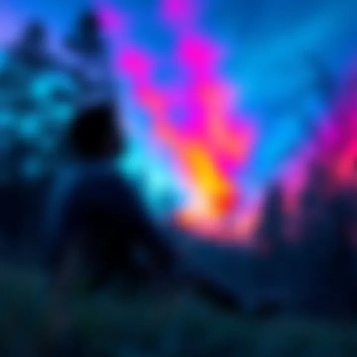 Individual sitting in nature, looking thoughtful and contemplative after a psychedelic journey, surrounded by trees and a vibrant sky.