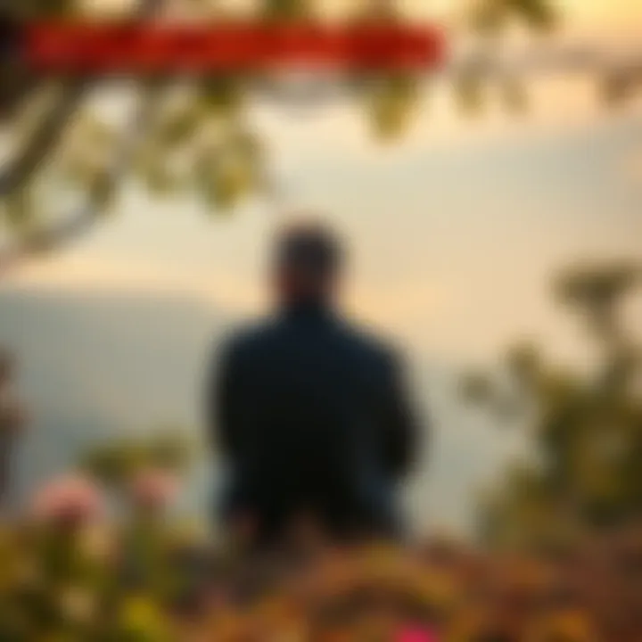 Person Reflecting on Lust A person sitting in a serene setting, looking contemplative while surrounded by nature, symbolizing the struggle with lust and the search for freedom through Osho's teachings.