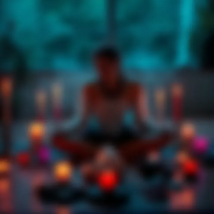 A person sitting cross-legged on the floor surrounded by candles and crystals, looking contemplative and deep in thought about their magick practice.