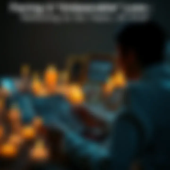 A person sitting alone, looking at old photographs with a somber expression, surrounded by candles representing memories of lost loved ones.