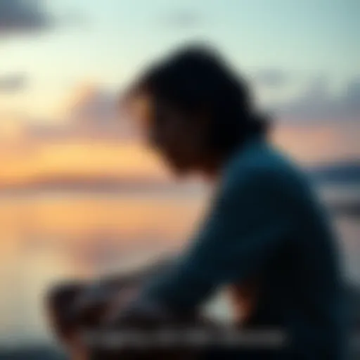 Individual sitting alone in a serene setting, deep in thought about their near-death experience memories, with a contemplative expression.