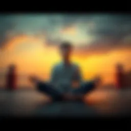A person sitting cross-legged in a serene setting, contemplating the concept of no-self with a thoughtful expression.