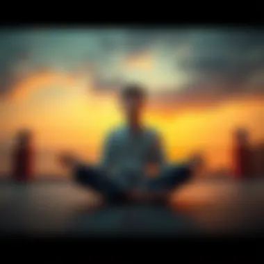A person sitting cross-legged in a serene setting, contemplating the concept of no-self with a thoughtful expression.