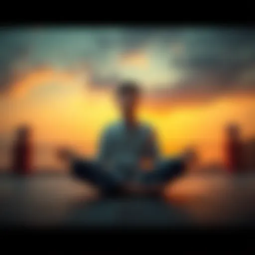 Person Reflecting on No-Self A person sitting cross-legged in a serene setting, contemplating the concept of no-self with a thoughtful expression.