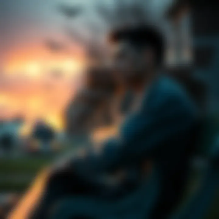 A person sitting on a bench, looking thoughtful with a distant gaze, symbolizing the struggle of self-identity and past challenges