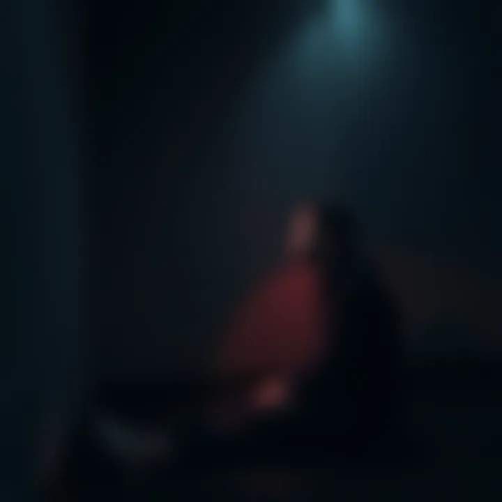 Person Reflecting on Their Past A person sitting alone in a dim room, looking contemplative as they face shadows representing their past choices, symbolizing a struggle for spiritual growth.