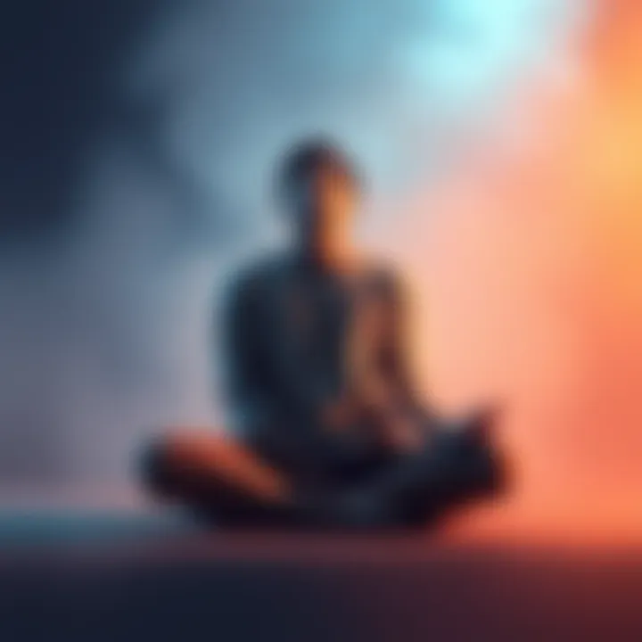 Individual sitting cross-legged with eyes closed, appearing deep in thought, surrounded by a soft light that suggests a meditative state.