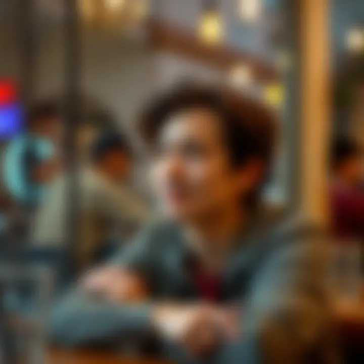 A 33-year-old person sitting at a cafe, looking thoughtful with a playful smile, suggesting they have a shy yet fun side