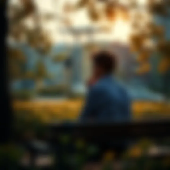 A person deep in thought, sitting on a park bench surrounded by nature, contemplating philosophical ideas related to mental health.