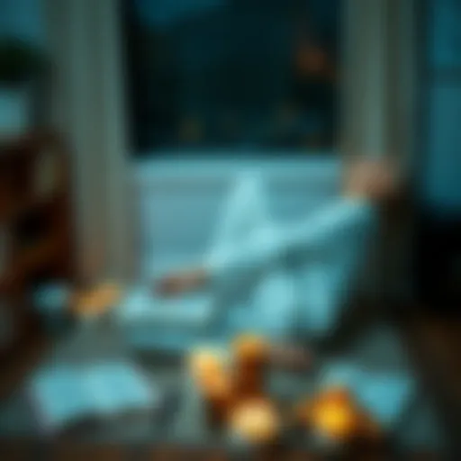 A person sitting cross-legged on the floor, surrounded by journals and candles, reflecting on their relationships and personal growth during a 30-day challenge.