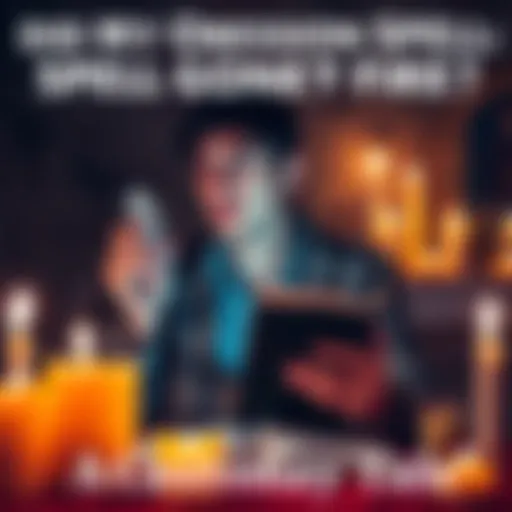 A person looks worried while holding a crystal and a notebook, surrounded by candles and mystical symbols.