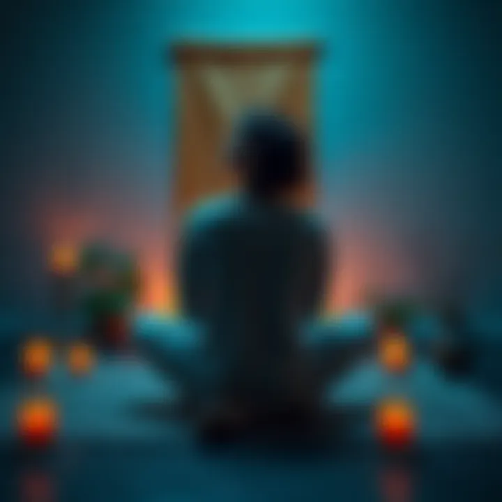 A person sitting cross-legged on a mat, looking thoughtful, surrounded by candles and plants, symbolizing a personal journey in spirituality.