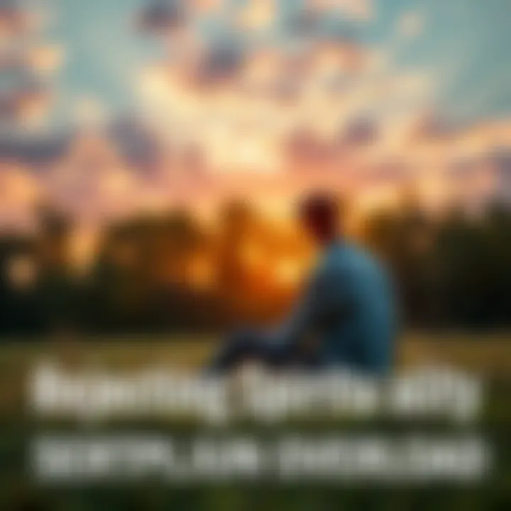 Individual sitting peacefully in nature, contemplating spirituality amidst a backdrop of trees and a serene sky.