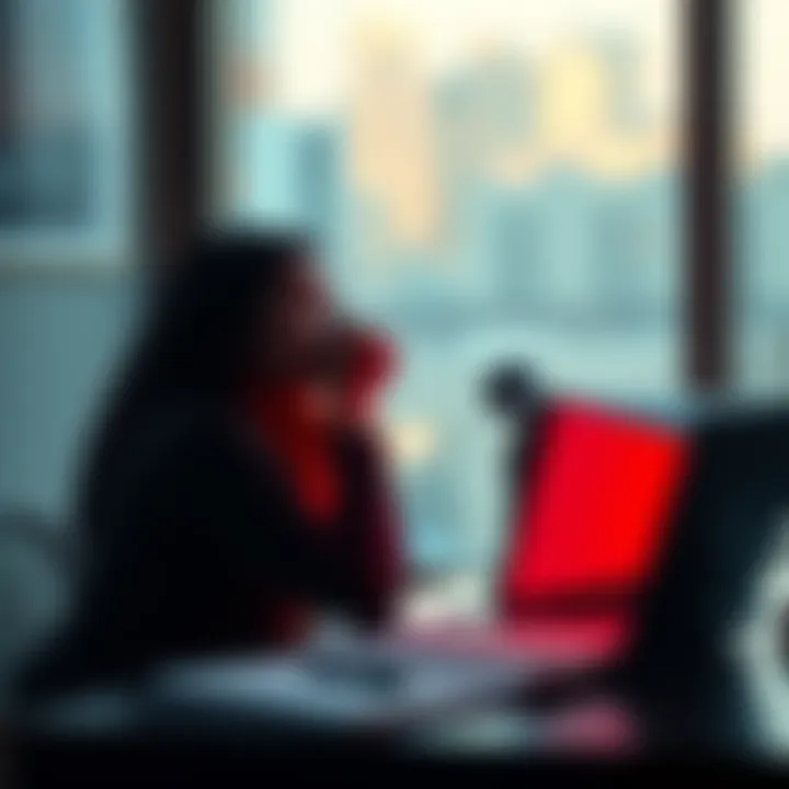 A person sitting at a desk, thinking deeply about their personal strengths and weaknesses, with a notebook and pen in front of them.