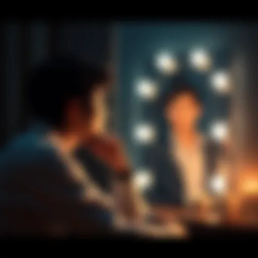 A person sits with a thoughtful expression, looking at a mirror while pondering their experiences with subliminal messages about body image.