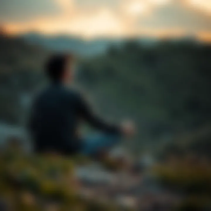 A person sitting peacefully in nature, contemplating the pain of others while balancing their own emotions.