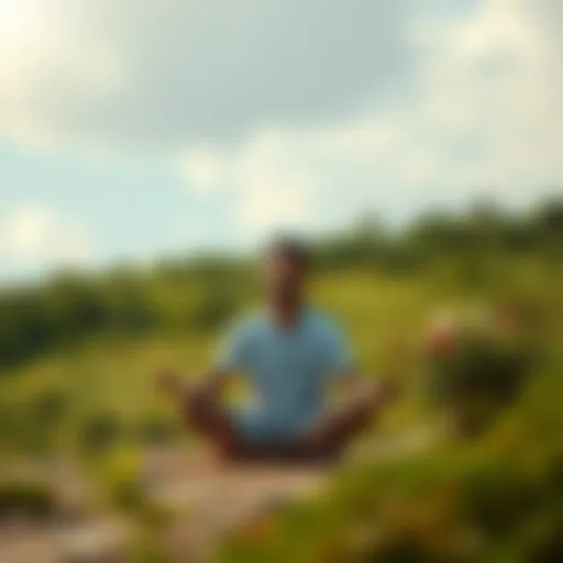 A person sitting in meditation with a serene expression, surrounded by nature, symbolizing acceptance of suffering and personal growth.