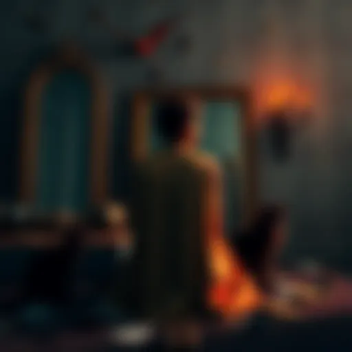 A person sitting alone with a contemplative expression, surrounded by symbols representing superstition like broken mirrors and black cats.