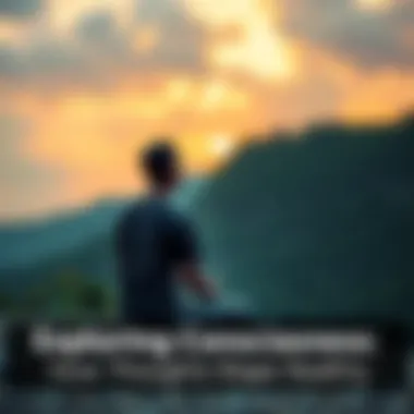 A person sitting cross-legged in a serene environment, contemplating their thoughts and surroundings.