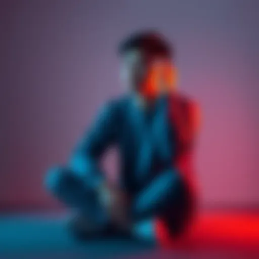 A person sitting cross-legged with a thoughtful expression, lightly touching their temples as they observe their thoughts, surrounded by a calm atmosphere.