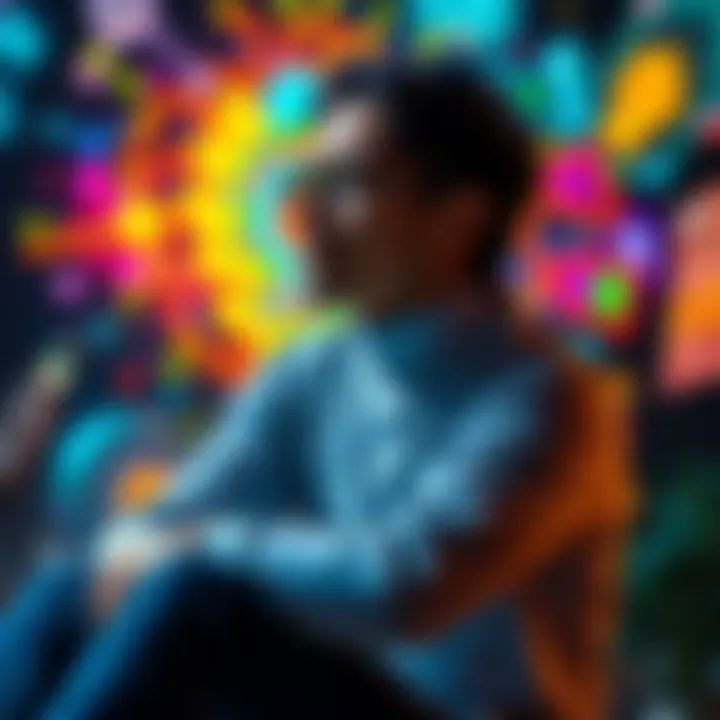 Individual sitting with a thoughtful expression, surrounded by colorful abstract designs representing creativity and mental clarity.