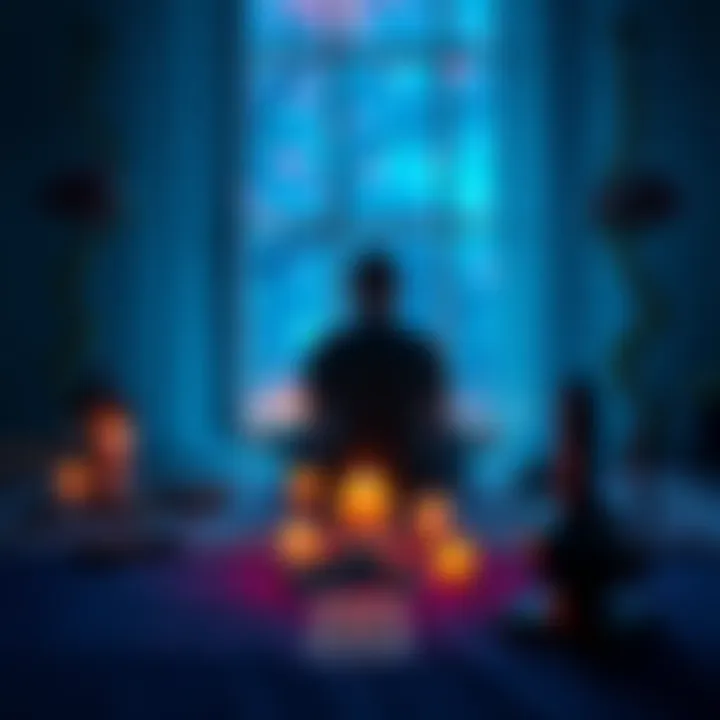 Individual sitting in a peaceful setting, contemplating memories and emotions related to past trauma, surrounded by tarot cards and candles