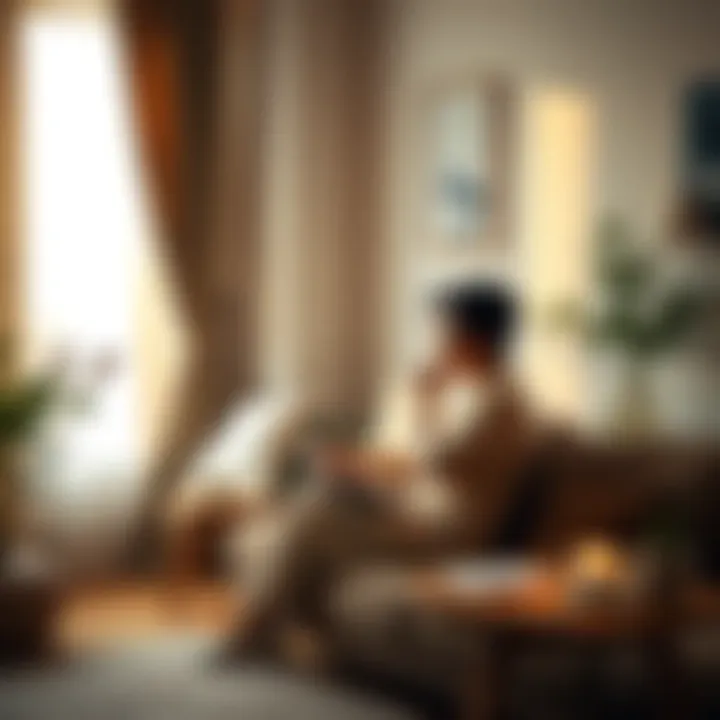 A person sits quietly in a cozy room with a journal and pen, reflecting on their personal values and thoughts, surrounded by soft lighting and calming decor.