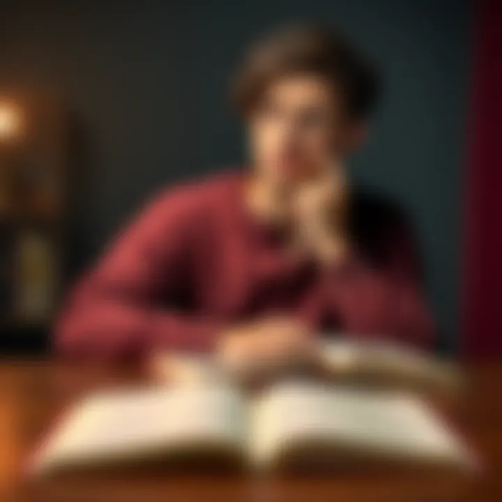 A person sits thoughtfully at a table with an open book, looking pensive as they ponder their beliefs and experiences.