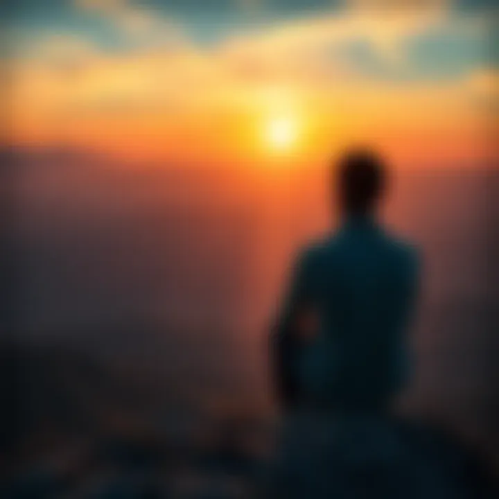 A person sitting on a hilltop, looking out at a sunset, symbolizing the search for purpose and meaning in life.