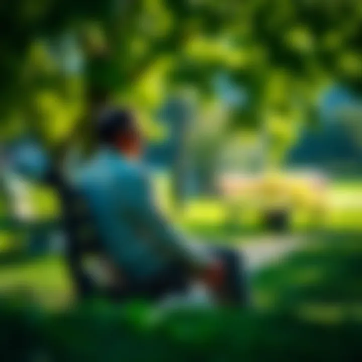 Individual sitting on a bench in a park, contemplating life changes, surrounded by greenery and sunlight