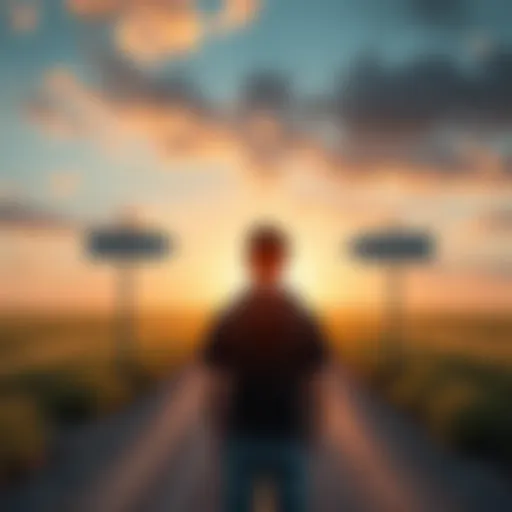 A person stands at a crossroads, looking at two signs: one pointing to 'Current Reality' and the other to 'Desired Reality'. The scene symbolizes the differences between who they are now and who they want to be.