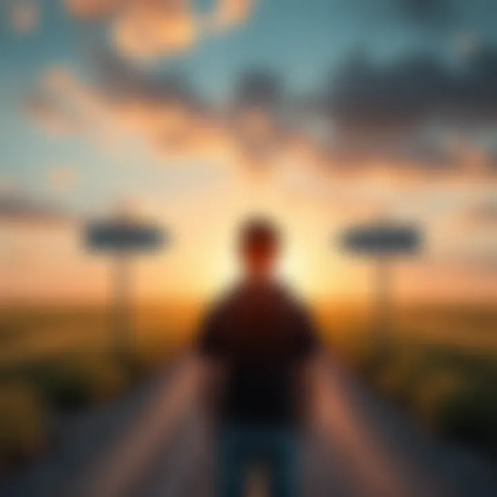 A person stands at a crossroads, looking at two signs: one pointing to 'Current Reality' and the other to 'Desired Reality'. The scene symbolizes the differences between who they are now and who they want to be.