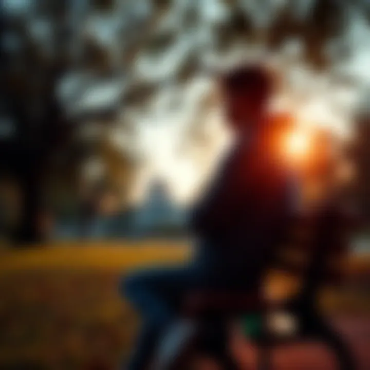 A person sitting on a bench in a park, looking thoughtful while surrounded by trees and nature, symbolizing reflection on anxiousness