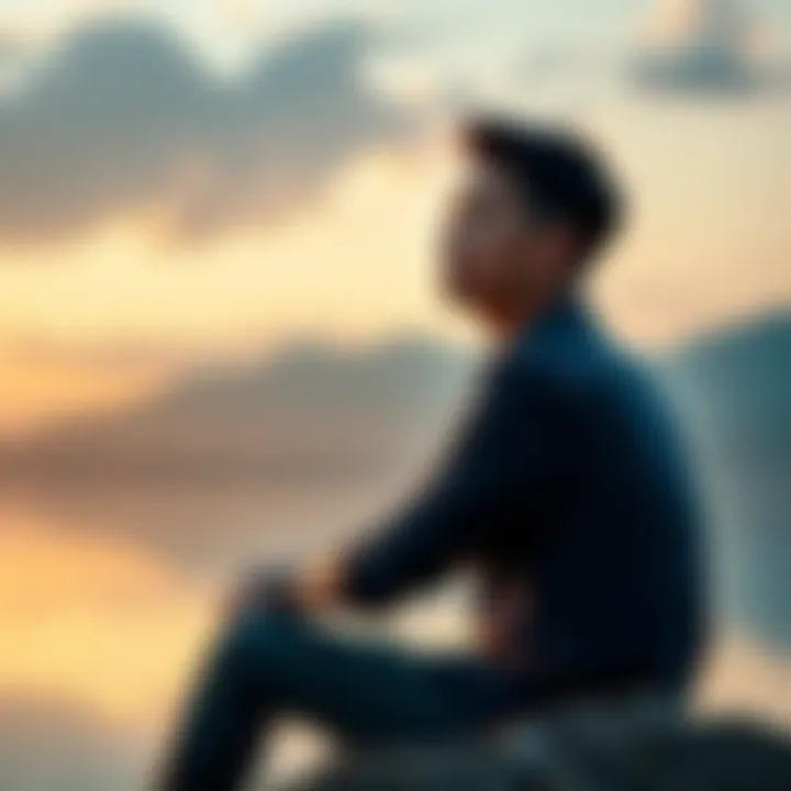 A person sitting quietly, looking thoughtful with a backdrop of calm scenery, symbolizing self-reflection and awareness.