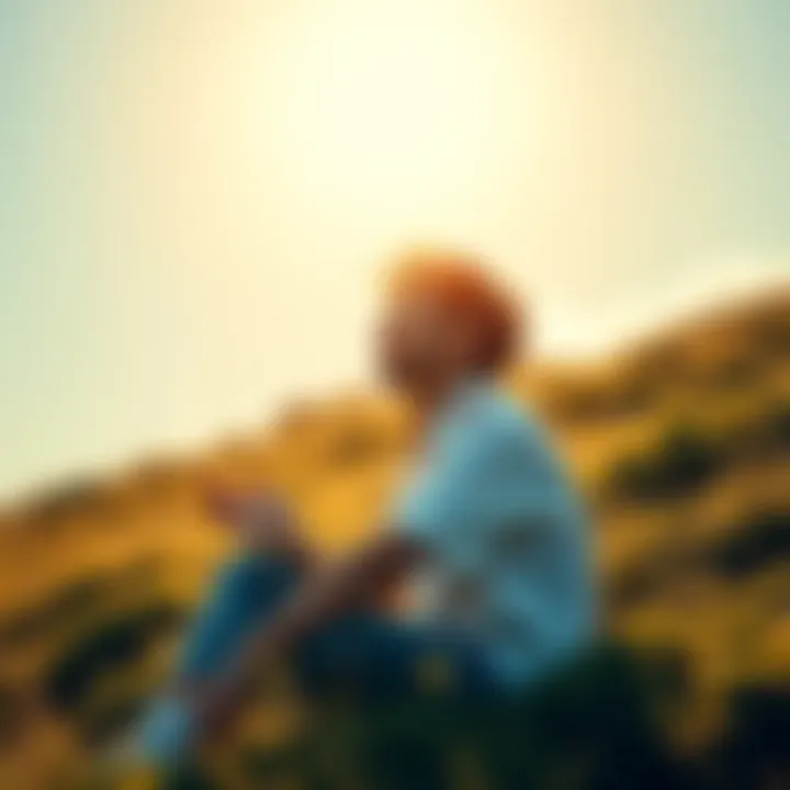 A person sitting on a grassy hill with eyes closed, soaking up sunlight, looking peaceful and content, symbolizing positivity and self-awareness