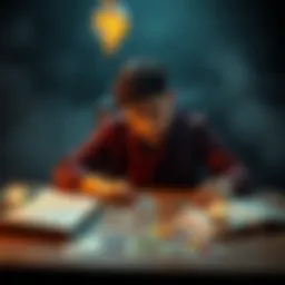 A person sitting at a table, looking thoughtfully at tarot cards spread before them, with an exam book nearby and a light bulb symbolizing ideas above their head.