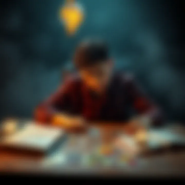 A person sitting at a table, looking thoughtfully at tarot cards spread before them, with an exam book nearby and a light bulb symbolizing ideas above their head.