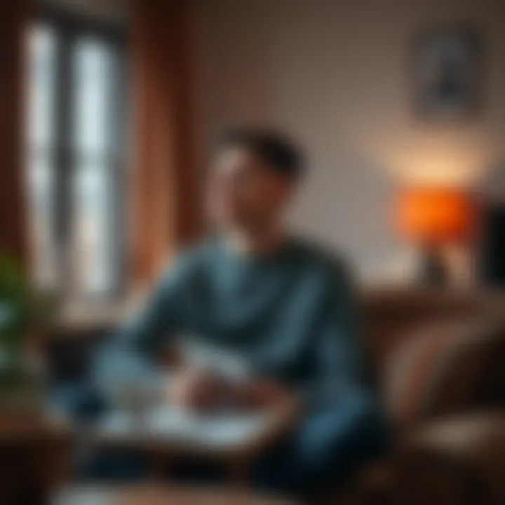 A 33-year-old sitting in a cozy room, looking thoughtful with a notebook and a cup of coffee, symbolizing self-discovery and personal growth.