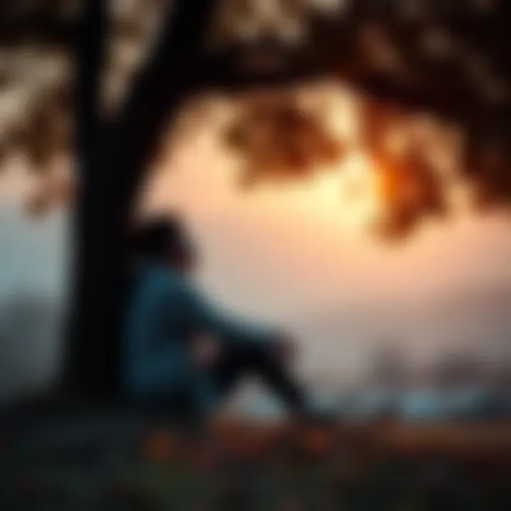 Person reflecting under a tree Individual sitting under a tree, looking thoughtful and contemplative, representing the emotional struggle with illness