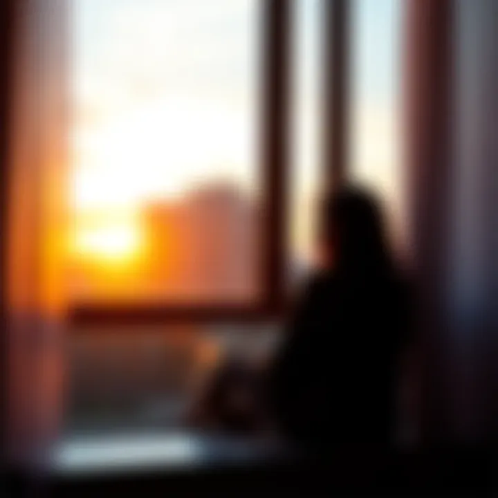 A person sitting by a window, looking thoughtful and contemplative, surrounded by soft light, symbolizing healing after a breakup.